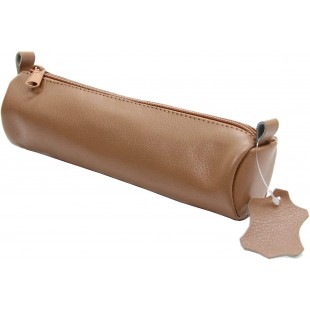 43016 Trousse Ronde en Cuir veritable avec Fermeture eclair 21 x 6 cm, Beige Naturel