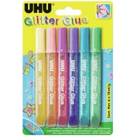 UHU Colle Paillettes, Glitter Glue Shiny, Formule adaptee pour les enfants, Lavable, Blister 6 Tubes 10 ml, Multicolor