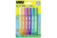 UHU Colle Paillettes, Glitter Glue Shiny, Formule adaptee pour les enfants, Lavable, Blister 6 Tubes 10 ml, Multicolor