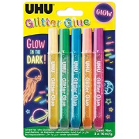 UHU Glitter Glue Glow in the dark, Colle Paillettes, Formule adaptee pour les enfants, Lavable, lot de 5 tubes 10 ml