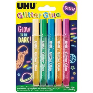 UHU Glitter Glue Glow in the dark, Colle Paillettes, Formule adaptee pour les enfants, Lavable, lot de 5 tubes 10 ml