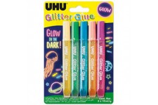 UHU Glitter Glue Glow in the dark, Colle Paillettes, Formule adaptee pour les enfants, Lavable, lot de 5 tubes 10 ml