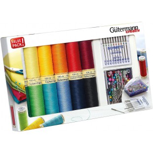 Sew-All Assortiment de Fils a  Coudre 100 m x 12 bobines avec Aiguilles Schmetz Assorties et epingles a  tete perlee Prym, Color