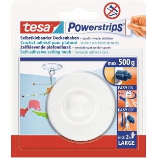 Tesa Powerstrips Crochet Fixation Plafond - Crochet Adhesif pour Plafonds et Decorations Suspendues - Crochet en Plastique Blanc