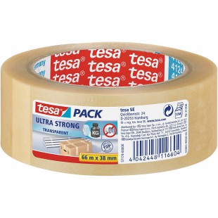 Tesapack Ultra Strong - Ruban Adhesif d'Emballage en PVC Solide et Securise - Transparent - 66 m x 38 mm