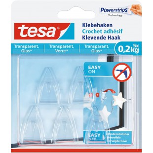 Tesa Crochet Adhesif pour Verre et Surfaces Transparentes 0,2kg - Peut soutenir des Objets jusqu'a  0,2 kg par Crochet - Paquet 