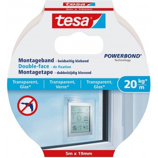 Tesa Powerbond Adhesif Double Face de Fixation Quasi Invisible - Ruban Adhesif de Fixation Murale pour Verre et Surfaces Transpa