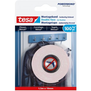 Tesa Powerbond Adhesif Double Face de Fixation Extra Fort Pour Carrelage et Metal - Ruban Adhesif de Fixation Murale pour Surfac