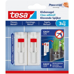 Tesa Clou Adhesif Ajustable pour Carrelage & Metal 3kg - Clou Autocollant pour Surfaces Lisses et Solides dans les Salles de Bai