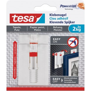 Tesa Clou Adhesif Ajustable pour Papier Peint & Platre 2kg - Hauteur Ajustable - Paquet de 2 Clous Adhesifs et 6 Languettes Adhe