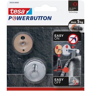 tesa Powerbutton Universal Crochet Auto-Adhesif - Crochet de Fixation Rond en Metal Chrome - Porte-Serviette pour Salle de Bains