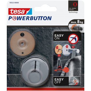 tesa Powerbutton Universal Crochet Auto-Adhesif - Crochet de Fixation Rond en Metal Chrome - Porte-Serviette pour Salle de Bains