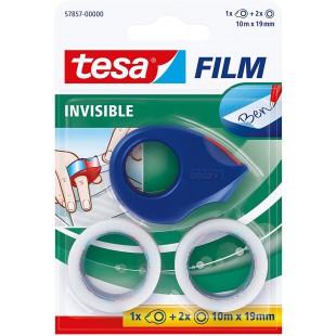 Tesafilm Mini Devidoir de ruban Adhesif + 2 Rouleaux de Ruban Mat Invisible - Petit Derouleur de Bureau - Protection Anti Saliss
