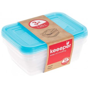 keeeper Food Storage Containers, Set of 3, 3 x 1.25 l, 20.5 x 15.5 x 6.5 cm, Fredo Fresh, Transparent Blue