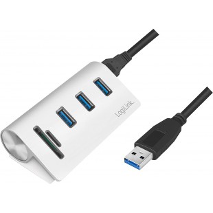 LogiLink CR0045 Hub USB 3.0 3 Ports avec Lecteur de Carte SD + Micro SD Boitier en Aluminium pour Windows Mac OS Linux Argente