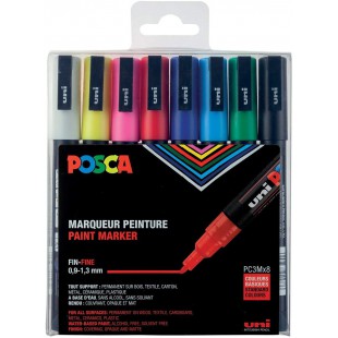 POSCA - Uni Mitsubishi Pencil - 8 Marqueurs PC3M - Pointe Conique - Pointe Fine - Marqueurs Peinture a  Base d'Eau - Tout Suppor