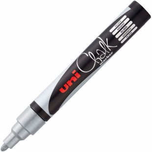 Uni-Ball 186211 - Marqueur Craie Chalk Marker PWE-5M Moyen, Pointe Conique Moyenne 1,8-2,5 mm, Argente