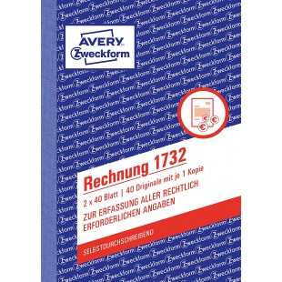 AVERY Zweckform 1732 Facture (A6, 2 x 40 feuilles, autocopiant avec traverses colorees, avec montant net et brut, TV
