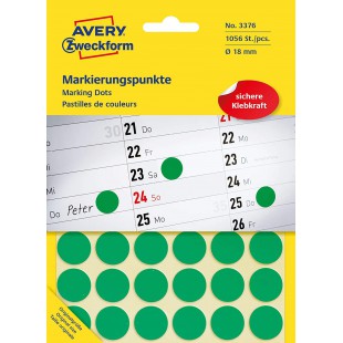 Avery Zweckform Pastilles Adhesives Diametre 18 Mm Vertes Contenu: 1056 Etiquettes (3376)