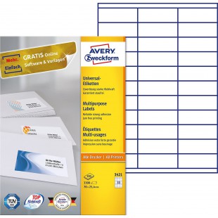 Avery 3300 Etiquettes Autocollantes Multi-usages (33 par Feuille) - 70x25,4mm - Impression Laser - Jet d'Encre - Blanc (3421)