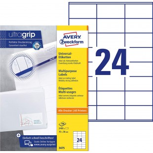 Avery 2400 Etiquettes Autocollantes Multi-usages (24 par Feuille) - 70x36mm - Impression Laser - Jet d'Encre - Blanc (3475)