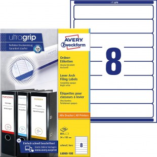 AVERY Zweckform L6060-100 etiquettes pour dos de classeur (avec ultra rip, 34 x 192 mm sur format A4, etroit/court, autocollante
