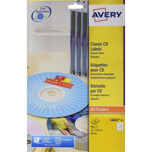 AVERY - Pochette de 50 etiquettes CD autocollantes, Personnalisables et imprimables, Diametre 117 mm, Impression laser, (L6043-2