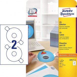 Avery Zweckform L6015-25 etiquettes CD Taille standard a¸ 117 mm etiquette opaque pour archivage etc. Languettes de positionneme