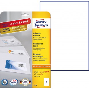 Avery Zweckform 6119 etiquettes multiusage pour imprimantes laser et jet d'encre couleur 210 x 297 mm (Blanc) (Import Allemagne)