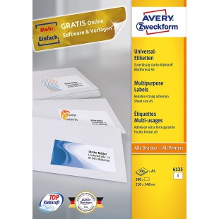 Avery zweckform etiquettes universelles 6135 blattformat au format a5 148 x 210 mm-lot de 200 feuilles 200 (blanc)