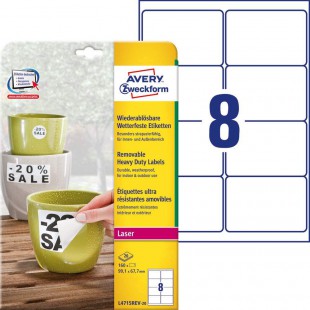 Avery Zweckform L4715REV-20 Lot de 20 feuilles d'etiquettes ultra resistantes amovibles au format A4 soit 160 etiquettes de 99,1
