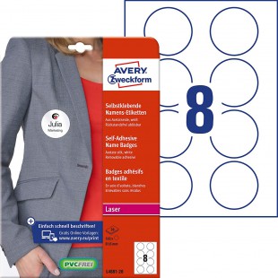 Avery Zweckform L4881-20 Lot de 160 etiquettes nominatives autocollantes en soie d'acetate Blanc Ø 65 mm sur DIN A4