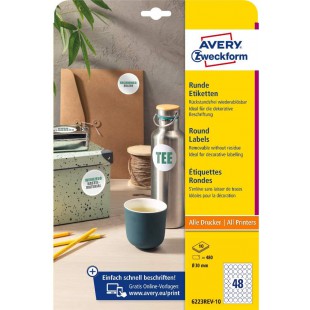 AVERY Zweckform 6223REV-10 Lot de 10 etiquettes Rondes (480 Pastilles Adhesives, Ø 30 mm sur A4, Autocollants Ronds a  Imprimer,