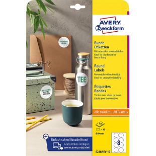 AVERY Zweckform 6228REV-10 - etiquettes rondes (80 pastilles adhesives, diametre 69 mm sur A4, autocollants ronds a  imprimer, a