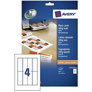 Avery Zweckform C32253-25 Paquet de 25 feuilles A4 micro-perforees 185 g de 4 cartes chevalets chacune 110 x 40 mm (B