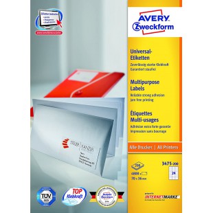 Avery 3475-200 Lot de 4800 Etiquettes autocollant multi-usages 24 par feuille 70 x 36 mm Blanc