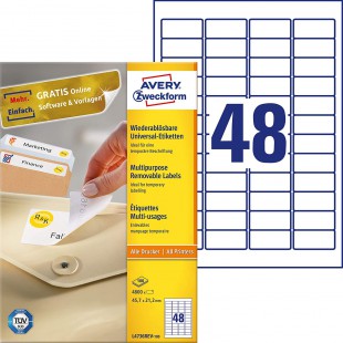 Avery Zweckform - Etichette universali per tutte le stampanti formato A4, 45,7 x 21,2 mm weiB (wiederablosbar), 4800 Pezzi