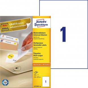 Avery Zweckform l4735rev de 100 etiquettes universelles (A4, 100 etiquettes de residus, 210 x 297 mm) 100 feuilles Blanc