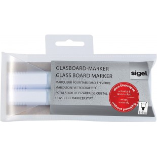 SIGEL GL715 Lot de 2 marqueurs pour tableaux en verre fonce ou miroir, effacables. Pointes ogives Ø 2-3 mm, blanc