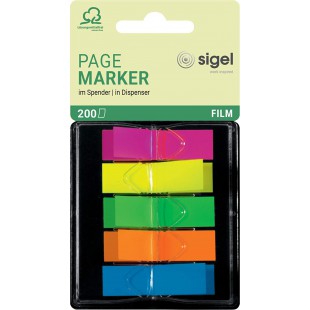 SIGEL HN489 Marque-pages adhesifs en papier film transparent, en distributeur Z, 200 feuilles 4,5x1,2 cm, 5 couleurs