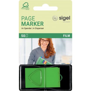 SIGEL HN482 Marque-pages adhesifs en papier film transparent, en distributeur Z, 50 feuilles de 4,5 x 2,5 cm, vert f