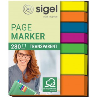 SIGEL HN616 Marque-pages adhesifs en papier transparent, 2 tailles 5 x 2 cm et 5 x 0,6 cm, 280 feuilles, 5 couleurs
