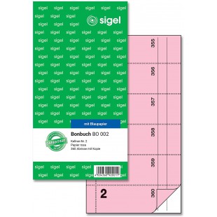 Sigel bonbuch double 360 tickets - 105 x 200 mm, 2 x 60 et feuilles de papier carbone Kellner-Nr. 2, rosa