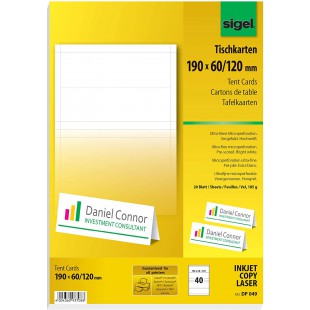 SIGEL DP049 40 Cartes de placement predecoupees, 19 x 6 cm, 185 g/m², blanc