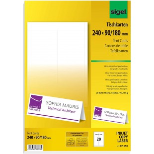 SIGEL DP050 20 Cartes de placement predecoupees, 24 x 9 cm, 185 g/m², blanc