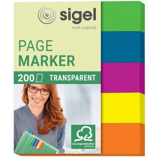 SIGEL HN615 Marque-pages adhesifs en papier film transparent, 200 feuilles de 5 x 1,2 cm, 5 couleurs