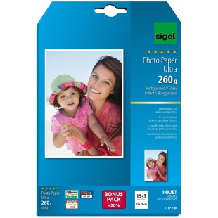 SIGEL IP706 Papier photo professionnel, jet d'encre, ultra brillant, format 13 x 18 cm, 260g/m², 15 feuilles + 3 gratuites