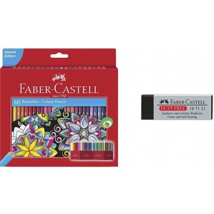 Faber-Castell 10008546 Lot de 60 Crayons Couleur Chateau Accordeon 3,8 mm & 187121 Gomme Dust-Free, plastique, noir