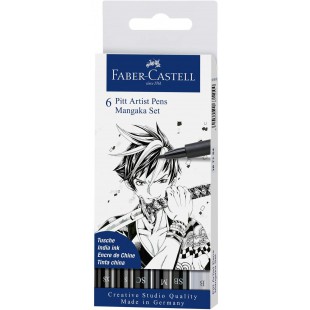 Faber-Castell 167124 - Feutre Pitt Artist Pen, Boite de 6, Mangaka Noir