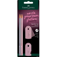 Faber-Castell 218480 Sparkle Lot de 2 crayons mine B avec gomme et taille-crayon Rose/gris pomme
